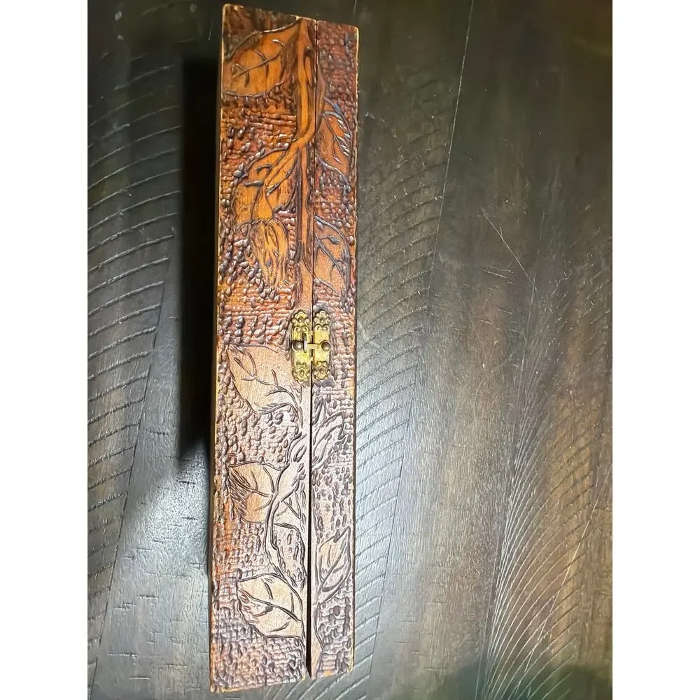 Antique 1906 Pyrography Wood Glove Box Arts Crafts Floral Pokerwork Dated 1907
